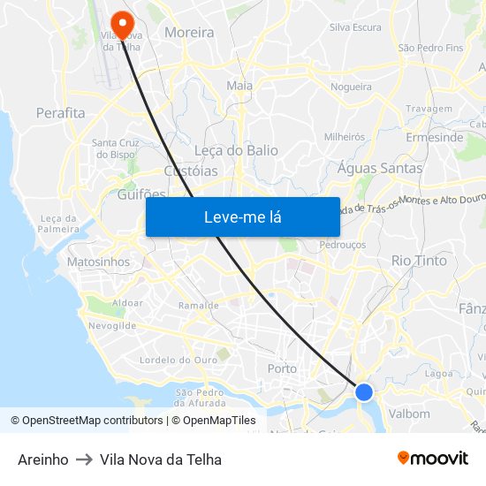 Areinho to Vila Nova da Telha map