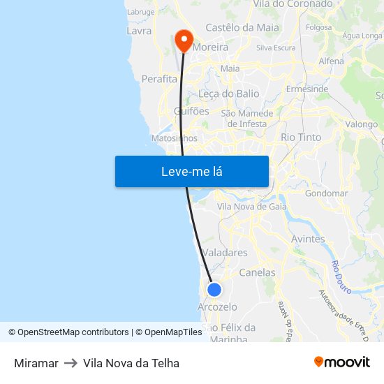 Miramar to Vila Nova da Telha map