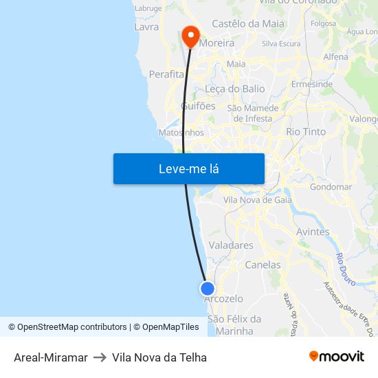 Areal-Miramar to Vila Nova da Telha map