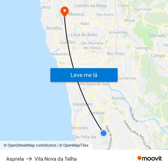 Asprela to Vila Nova da Telha map