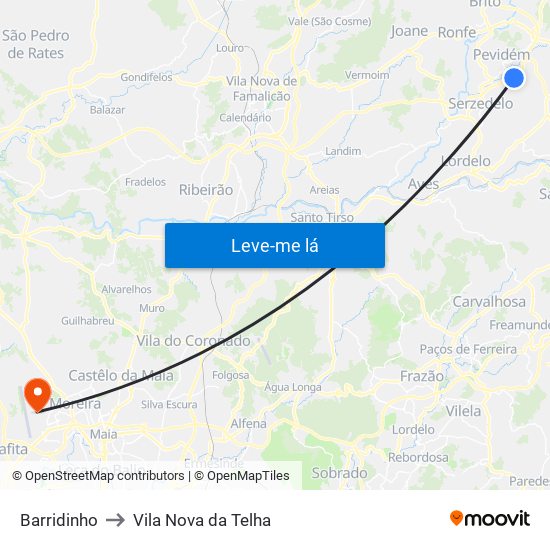 Barridinho to Vila Nova da Telha map