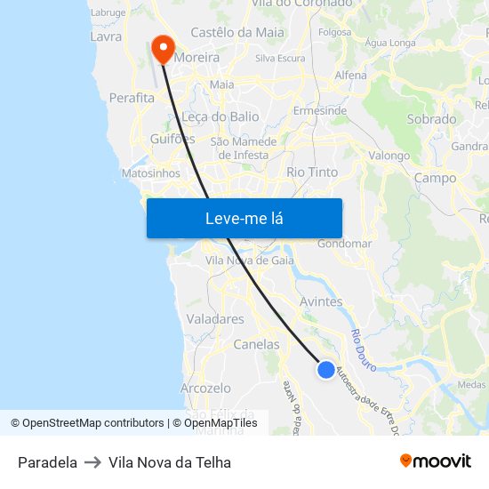 Paradela to Vila Nova da Telha map