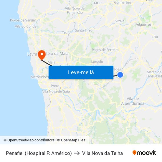 Penafiel (Hospital P. Américo) to Vila Nova da Telha map