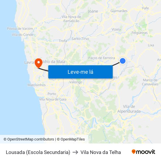 Lousada (Escola Secundaria) to Vila Nova da Telha map