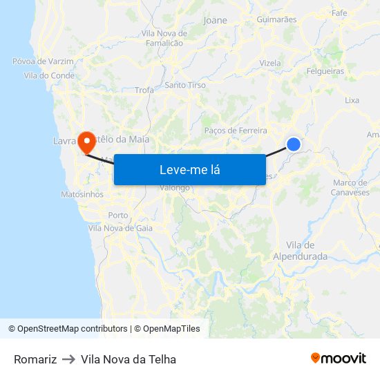 Romariz to Vila Nova da Telha map