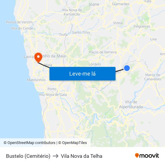 Bustelo (Cemitério) to Vila Nova da Telha map