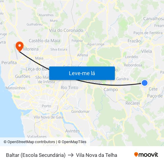 Baltar (Escola Secundária) to Vila Nova da Telha map