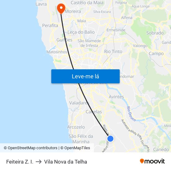 Feiteira Z. I. to Vila Nova da Telha map
