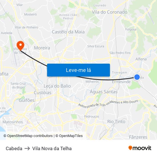 Cabeda to Vila Nova da Telha map