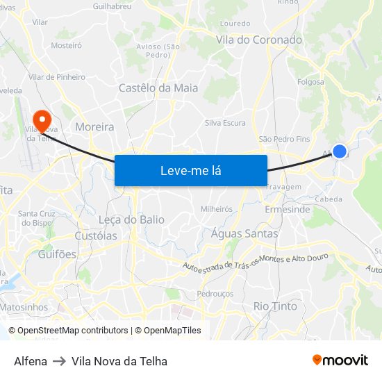 Alfena to Vila Nova da Telha map