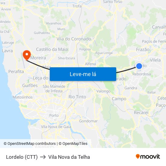 Lordelo (CTT) to Vila Nova da Telha map
