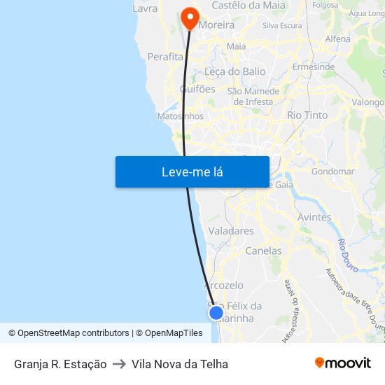 Granja R. Estação to Vila Nova da Telha map