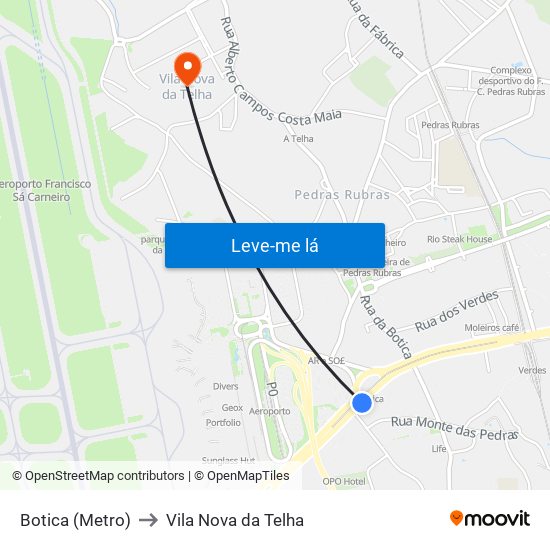 Botica (Metro) to Vila Nova da Telha map