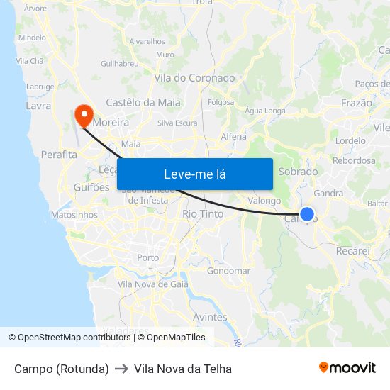 Campo (Rotunda) to Vila Nova da Telha map