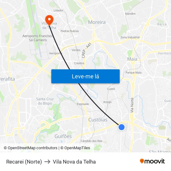 Recarei (Norte) to Vila Nova da Telha map