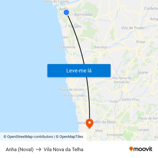 Anha (Noval) to Vila Nova da Telha map
