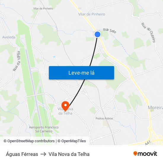 Águas Férreas to Vila Nova da Telha map