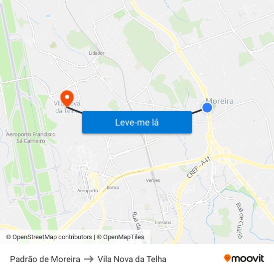 Padrão de Moreira to Vila Nova da Telha map