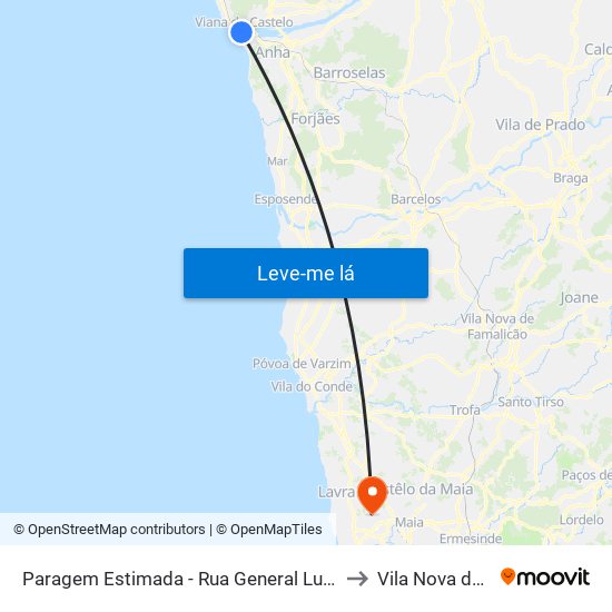 Paragem Estimada - Rua General Luís do Rego, AR to Vila Nova da Telha map