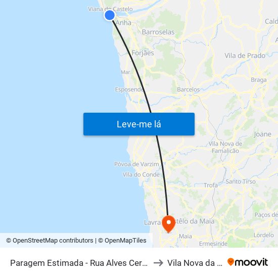 Paragem Estimada - Rua Alves Cerqueira, 500 to Vila Nova da Telha map