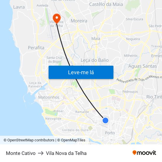 Monte Cativo to Vila Nova da Telha map