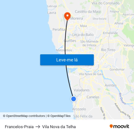 Francelos-Praia to Vila Nova da Telha map