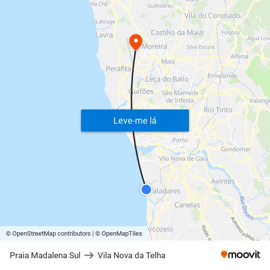 Praia Madalena Sul to Vila Nova da Telha map