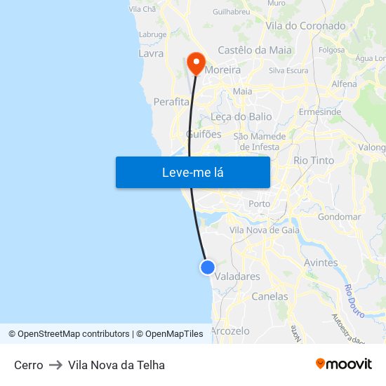 Cerro to Vila Nova da Telha map