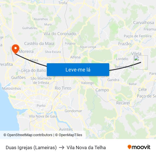 Duas Igrejas (Lameiras) to Vila Nova da Telha map
