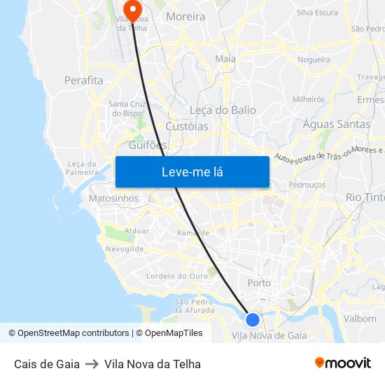 Cais de Gaia to Vila Nova da Telha map