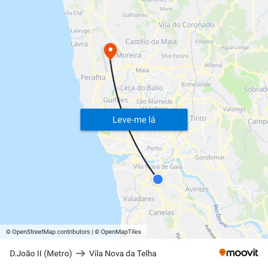 D.João II (Metro) to Vila Nova da Telha map