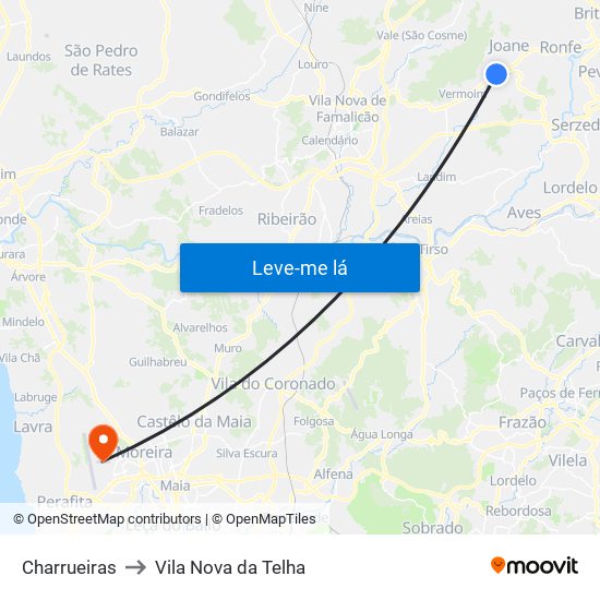 Charrueiras to Vila Nova da Telha map