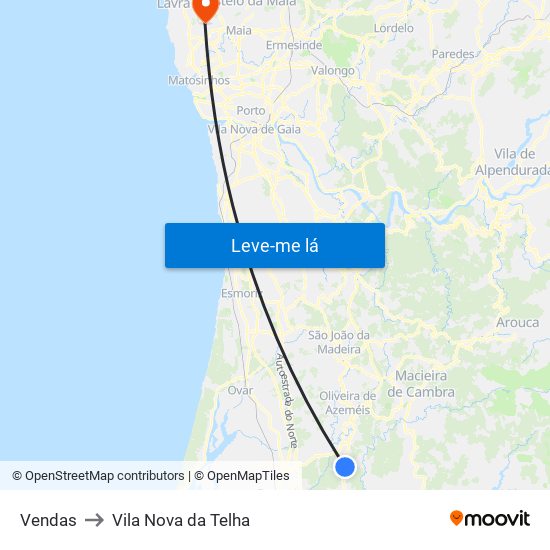 Vendas to Vila Nova da Telha map