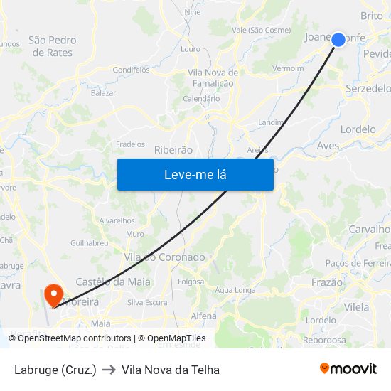 Labruge (Cruz.) to Vila Nova da Telha map