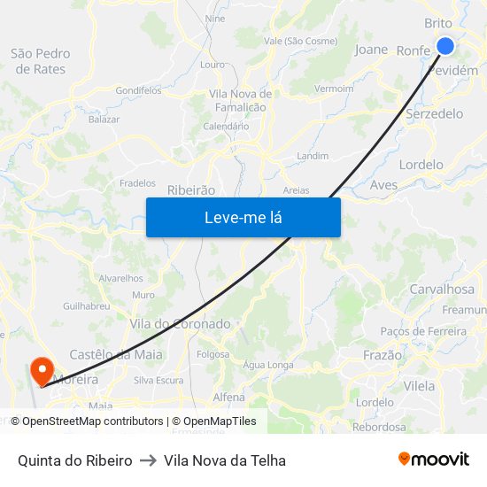 Quinta do Ribeiro to Vila Nova da Telha map
