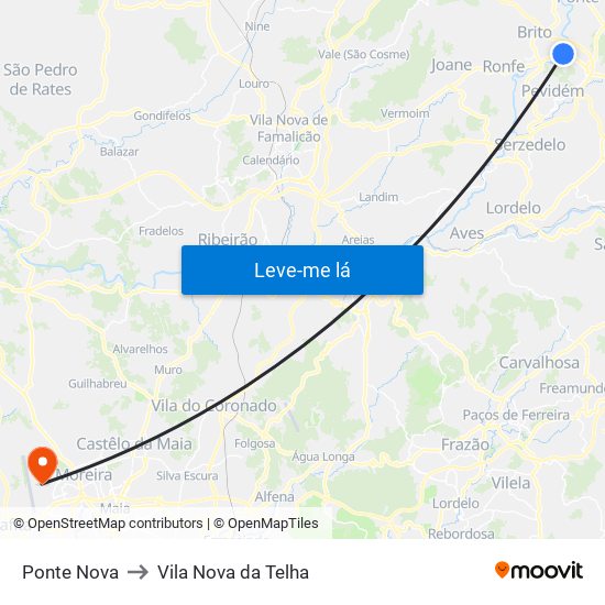 Ponte Nova to Vila Nova da Telha map