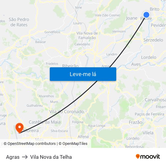 Agras to Vila Nova da Telha map