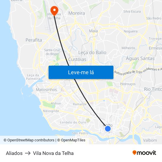 Aliados to Vila Nova da Telha map