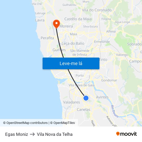 Egas Moniz to Vila Nova da Telha map