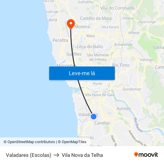 Valadares (Escolas) to Vila Nova da Telha map
