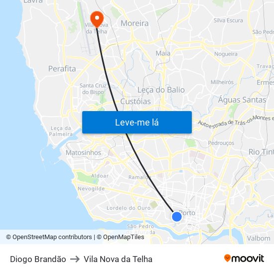 Diogo Brandão to Vila Nova da Telha map