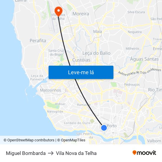 Miguel Bombarda to Vila Nova da Telha map