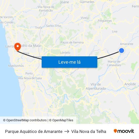 Parque Aquático de Amarante to Vila Nova da Telha map