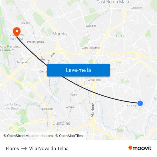 Flores to Vila Nova da Telha map