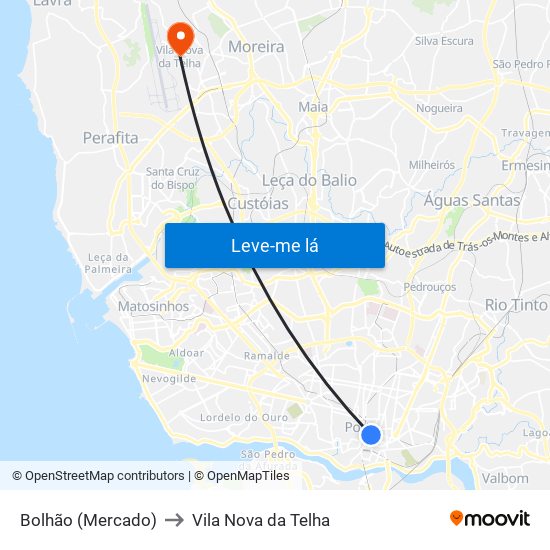 Bolhão (Mercado) to Vila Nova da Telha map