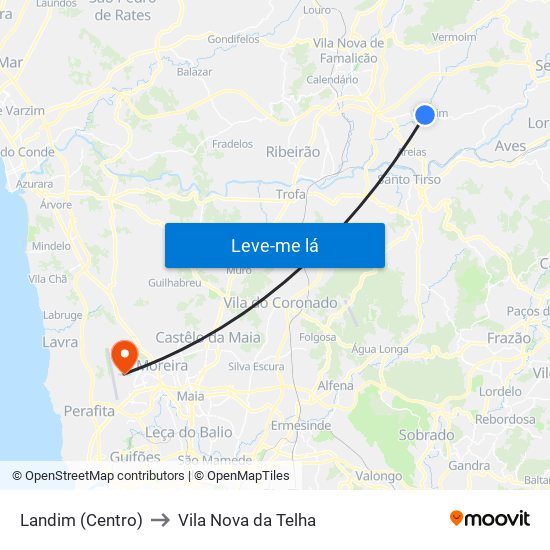 Landim (Centro) to Vila Nova da Telha map