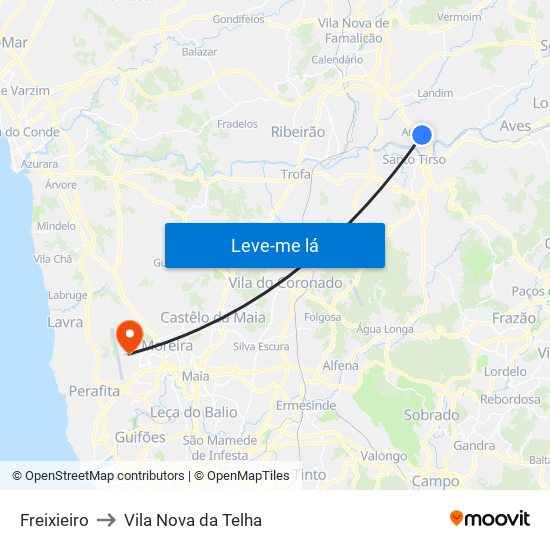 Freixieiro to Vila Nova da Telha map