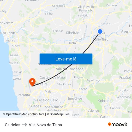 Caldelas to Vila Nova da Telha map