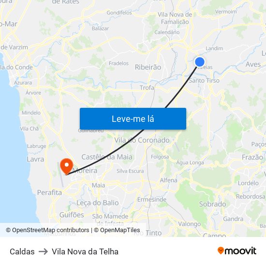 Caldas to Vila Nova da Telha map