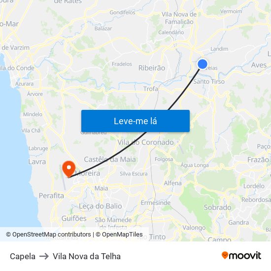 Capela to Vila Nova da Telha map